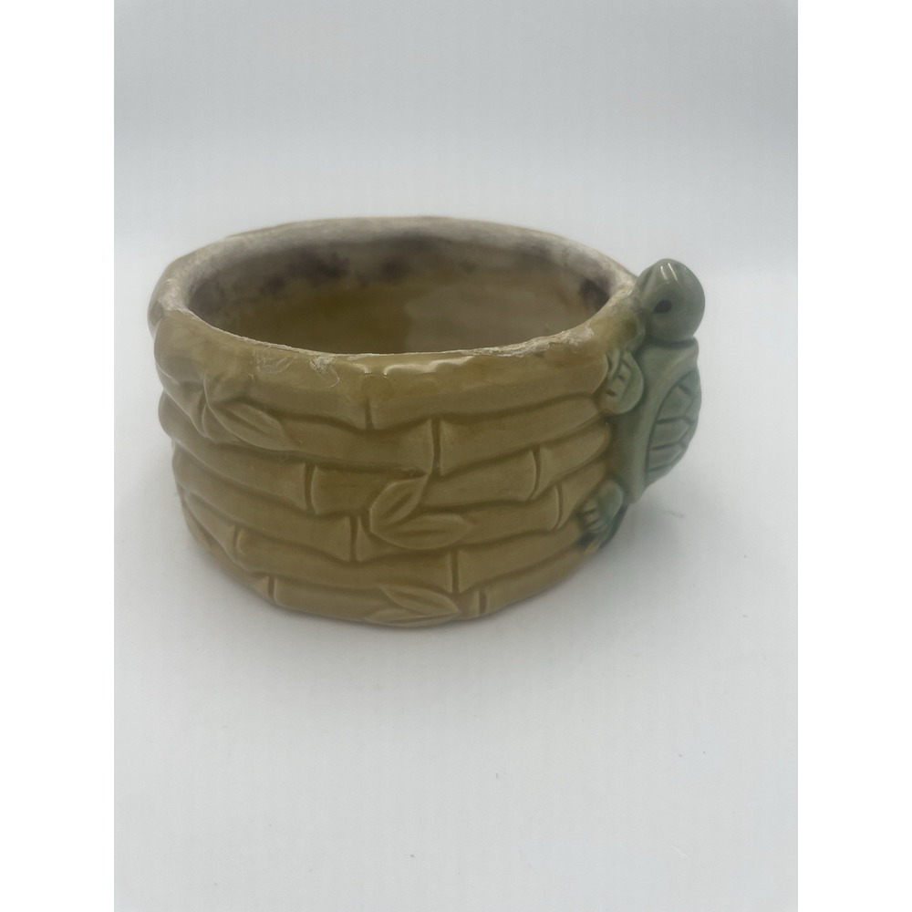 Vintage Ceramic Costa Farms Lucky Bambo & Turtle Planter Dish Tan and Green 5" D - Picture 4 of 8